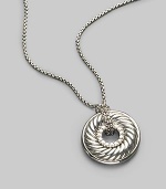 From the Carved Cable Collection. Pavé diamonds border a petite disk pendant with signature sculpted cable design, elegantly hanging from a sterling silver box chain. Diamonds, 0.15 tcw Sterling silver Length, about 17 Lobster clasp Imported