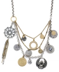 Add a little Eastern flair to your look. Three rows of gold tone and silver tone pendants make a striking appearance on this statement necklace from Jessica Simpson. Crafted in silver tone and gold tone mixed metal. Approximate length: 18 inches. Approximate drop: 3-1/2 inches. Add a little Eastern flair to your look. Three rows of gold tone and silver tone pendants make a striking appearance on this statement necklace from Jessica Simpson. Crafted in silver tone and gold tone mixed metal. Approximate length: 18 inches. Approximate drop: 3-1/2 inches.