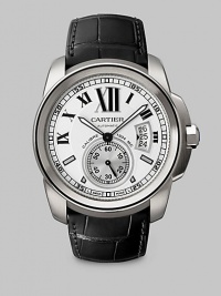 Classically elegant, this enduring timepiece of sturdy yet refined stainless steel boasts large Roman numerals and an exotic alligator strap.Workshop-crafted mechanical movement with automatic winding Water resistant to 100 feet Stainless steel case, 42mm, (1.6) White opaline dial Calendar aperture at 3 o'clock Second counter at 6 o'clock Roman numeral markers Stainless steel hands Alligator strap Made in Switzerland