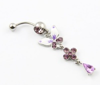 316L Surgical Steel 14 Gauge Purple Butterfly Gem Crystal Dangle Navel Belly Ring Bar