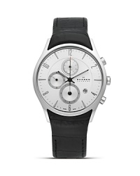 Clean lines and modern design. This leather strapped watch from Skagen perfects understated accessorizing with multi function chronographs and Japanese quartz movement. Clean lines and modern design. This leather strapped watch from Skagen perfects understated accessorizing with multi function chronographs and Japanese quartz movement.