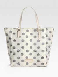 Luxurious snake embossed leather accented with a whimsical dot pattern in a classic and roomy design.Double top handles, 8 dropTop zip closureOne inside open pocketFully lined13W X 14H X 5½DImported Luxurious snake embossed leather accented with a whimsical dot pattern in a classic and roomy design.Double top handles, 8 dropTop zip closureOne inside open pocketFully lined13W X 14H X 5½DImported