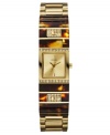 Chic crystal accent logos give a glam look to this bracelet watch by GUESS.