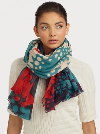 This bright and fun printed wool style has a chic baby fringe edge. WoolAbout 40 X 80Dry cleanImported This bright and fun printed wool style has a chic baby fringe edge. WoolAbout 40 X 80Dry cleanImported