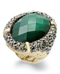 Sure to be a conversation starter, this pave glass accented ring from INC International Concepts highlights a shimmering emerald resin stone. Crafted in 14k gold-plated mixed metal. Ring stretches to fit finger. Sure to be a conversation starter, this pave glass accented ring from INC International Concepts highlights a shimmering emerald resin stone. Crafted in 14k gold-plated mixed metal. Ring stretches to fit finger.