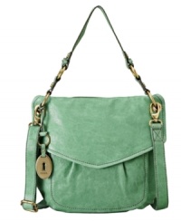 Distressed leather in gorgeous hues make this Fossil purse the must-have bag of the season. Distressed leather in gorgeous hues make this Fossil purse the must-have bag of the season.