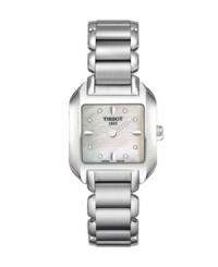 Handsome steel and feminine dial details juxtapose with stunning effect on this T-Wave watch by Tissot. Stainless steel bracelet and square case. Mother-of-pearl dial features eight diamond accents at markers, pear-shaped stick indices and logo. Quartz movement. Water resistant to 30 meters. Two-year limited warranty. Handsome steel and feminine dial details juxtapose with stunning effect on this T-Wave watch by Tissot. Stainless steel bracelet and square case. Mother-of-pearl dial features eight diamond accents at markers, pear-shaped stick indices and logo. Quartz movement. Water resistant to 30 meters. Two-year limited warranty.