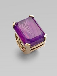 This emerald cut design boasts a large rock crystal accented banded agate quartz stone set in detailed bronze. Rock crystal accented agate quartzBronzeMade in USA This emerald cut design boasts a large rock crystal accented banded agate quartz stone set in detailed bronze. Rock crystal accented agate quartzBronzeMade in USA