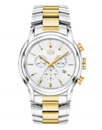 A striking composition of elegance and master craftsmanship. Quest watch from ESQ by Movado crafted of two-tone stainless steel bracelet and round case. Silver tone chronograph dial with gold tone applied stick indices, minute track, date window at four o'clock, three subdials and logo at twelve o'clock. Swiss quartz movement. Water resistant to 30 meters. Two-year limited warranty. A striking composition of elegance and master craftsmanship. Quest watch from ESQ by Movado crafted of two-tone stainless steel bracelet and round case. Silver tone chronograph dial with gold tone applied stick indices, minute track, date window at four o'clock, three subdials and logo at twelve o'clock. Swiss quartz movement. Water resistant to 30 meters. Two-year limited warranty.