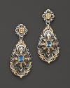 Blue topaz in intricately engraved sterling silver and 18K yellow gold from Konstantino.