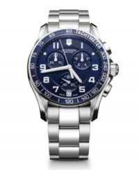 Timelessness is always on trend. Watch by Victorinox Swiss Army crafted of stainless steel bracelet and round case with blue bezel and anti-reflective sapphire crystal. Blue chronograph dial features applied luminous numerals, tachymeter scale, date window at six o'clock, three subdials, luminous hands and logo. Swiss quartz movement. Water resistant to 100 meters. Three-year limited warranty. Timelessness is always on trend. Watch by Victorinox Swiss Army crafted of stainless steel bracelet and round case with blue bezel and anti-reflective sapphire crystal. Blue chronograph dial features applied luminous numerals, tachymeter scale, date window at six o'clock, three subdials, luminous hands and logo. Swiss quartz movement. Water resistant to 100 meters. Three-year limited warranty.
