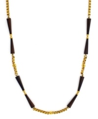 An earthy-cool blend. Vince Camuto combines wooden beads with an intricate box chain in gold tone mixed metal on this long, luxurious style. Approximate length: 36 inches. An earthy-cool blend. Vince Camuto combines wooden beads with an intricate box chain in gold tone mixed metal on this long, luxurious style. Approximate length: 36 inches.