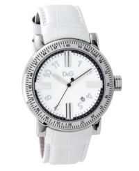 When seconds count and style matters. Watch by D&G crafted of white croc-embossed leather strap and round stainless steel case. Bezel with black numerals and stick indices. White dial features applied silver tone numerals and stick indices, minute track, date window, silver tone hour and minute hands, black second hand and logo. Quartz movement. Water resistant to 30 meters. Two-year limited warranty. When seconds count and style matters. Watch by D&G crafted of white croc-embossed leather strap and round stainless steel case. Bezel with black numerals and stick indices. White dial features applied silver tone numerals and stick indices, minute track, date window, silver tone hour and minute hands, black second hand and logo. Quartz movement. Water resistant to 30 meters. Two-year limited warranty.