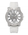 Show your pedigree and layer on the sparkling crystals with Juicy Couture's watch. White jelly strap and round stainless steel case. Bezel crystallized with Swarovski elements. Textured white dial features an inner dial of Swarovski crystals ringed by the phrase Time for Couture, black numerals, crystal-accented subdial at six o'clock and logo. Quartz movement. Water resistant to 30 meters. Two-year limited warranty.