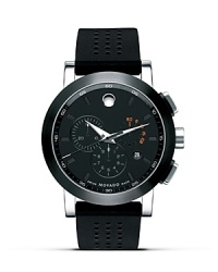 Movado's Museum® Sport chronograph watch features a PVD-finished stainless steel case detailed with silvertone dauphine hands, orange accents, and round date display on the dial. Black perforated rubber strap completes the look. Movado's Museum® Sport chronograph watch features a PVD-finished stainless steel case detailed with silvertone dauphine hands, orange accents, and round date display on the dial. Black perforated rubber strap completes the look.