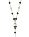 King Baby Skull Men's Chain Link Rosary with Onyx, Ivory Roses and Cross Necklace