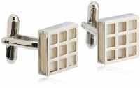 Geoffrey Beene Mens Polished Rhodium Open Grid Square With Faux Mother Of Pearl Cufflinks, Silver/White, One Size