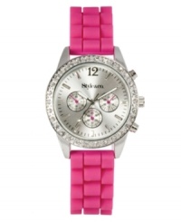 Become tickled pink with this bright watch by Style&co. Pink silicone strap and round silver tone mixed metal case. Bezel embellished with crystal accents. Brushed silver tone dial features numeral at twelve o'clock, stick indices, three multifunctional subdials, three luminous hands, logo and pink accents. Quartz movement. Two-year limited warranty. Become tickled pink with this bright watch by Style&co. Pink silicone strap and round silver tone mixed metal case. Bezel embellished with crystal accents. Brushed silver tone dial features numeral at twelve o'clock, stick indices, three multifunctional subdials, three luminous hands, logo and pink accents. Quartz movement. Two-year limited warranty.