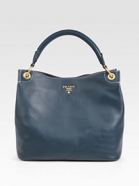 Pebble-grain calfskin leather roomy carryall shoulder bag.Shoulder strap, 5½ dropTop snap closureMetal lettering logoBrass hardwareOne open inside pocketOne zip inside-closurePrada logo fabric lining11¾H X 15½W X 6DMade in Italy Pebble-grain calfskin leather roomy carryall shoulder bag.Shoulder strap, 5½ dropTop snap closureMetal lettering logoBrass hardwareOne open inside pocketOne zip inside-closurePrada logo fabric lining11¾H X 15½W X 6DMade in Italy