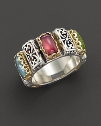 From the Clio collection, a silver and gold ring with baguette-shaped multi-colored stones. Designed by Konstantino. From the Clio collection, a silver and gold ring with baguette-shaped multi-colored stones. Designed by Konstantino.