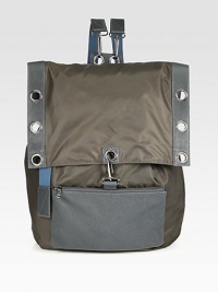 Ideal for everyday wear, this classic backpack exudes a modern sensibility, crafted in nylon and leather with a zippered front pocket and interior tech compartments; the end result is a essential carryall that offers substance and style.Flap, buckle closureAdjustable back shoulder strapsExterior, interior zip pockets90% nylon/10% leather17W x 13H x 13DImported Ideal for everyday wear, this classic backpack exudes a modern sensibility, crafted in nylon and leather with a zippered front pocket and interior tech compartments; the end result is a essential carryall that offers substance and style.Flap, buckle closureAdjustable back shoulder strapsExterior, interior zip pockets90% nylon/10% leather17W x 13H x 13DImported