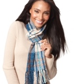 Toss on a classic winter neutral that goes with nearly everything. Traditional plaid scarf in chenille, by Charter Club.