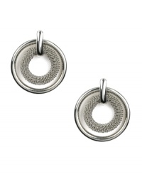 Simplicity and refinement in a simple stud setting. AK Anne Klein earrings feature two stacked circles in smooth and woven silver tone mixed metal. Approximate diameter: 1 inch.