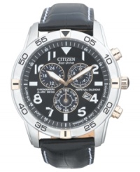 A technical marvel, from Citizen. This Perpetual Calendar Chronograph timepiece is crafted from the finest materials and built with exact precision. Powered by Eco-Drive, harnessing natural and artificial light, never needing a battery. A technical marvel, from Citizen. This Perpetual Calendar Chronograph timepiece is crafted from the finest materials and built with exact precision. Powered by Eco-Drive, harnessing natural and artificial light, never needing a battery.