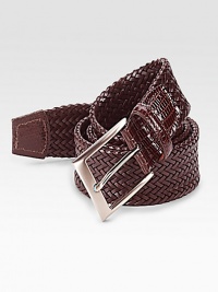 EXCLUSIVELY OURS. Richly textured design made of supple woven leather.Metal buckleSingle keeperAbout 1¼ wideImported