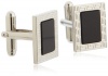 Geoffrey Beene Mens Polished Rhodium Rectangle With Engraved Lines And Black Insert Center Cufflinks