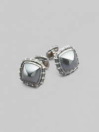 Hematite sugarloaf with intricate etching in sterling silver. ¾ X 1¼ Made in USA Hematite sugarloaf with intricate etching in sterling silver. ¾ X 1¼ Made in USA