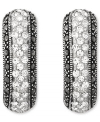 Shades of grey. Light clear crystals and dark marcasite combines on Genevieve & Grace's pretty clip-on earrings. Set in sterling silver; for non-pierced ears. Approximate length: 1 inch. Approximate width: 5/16 inch. Shades of grey. Light clear crystals and dark marcasite combines on Genevieve & Grace's pretty clip-on earrings. Set in sterling silver; for non-pierced ears. Approximate length: 1 inch. Approximate width: 5/16 inch.