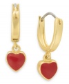 Share the love. Lily Nily's children's drop hoop earrings are set in 18k gold over sterling silver with red enamel hearts adding a vibrant touch. Item comes packaged in a signature Lily Nily Gift Box. Approximate drop: 3/4 inch. Approximate width: 1/4 inch.
