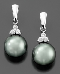 Unique style you'll love. These intriguing earrings feature tahitian cultured pearl (8 mm) and round-cut diamonds (1/8 ct. t.w.) set in 14k white gold. Approximate drop: 1/2 inch. Unique style you'll love. These intriguing earrings feature tahitian cultured pearl (8 mm) and round-cut diamonds (1/8 ct. t.w.) set in 14k white gold. Approximate drop: 1/2 inch.