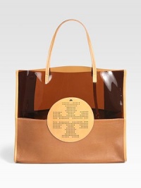 Rich pebble-grain leather pairs with shiny PVC on this chic carryall design, featuring a perforated signature logo. Double leather top handles, 8 dropDetachable inner coin pouch17W X 14H X 5½DImported Rich pebble-grain leather pairs with shiny PVC on this chic carryall design, featuring a perforated signature logo. Double leather top handles, 8 dropDetachable inner coin pouch17W X 14H X 5½DImported
