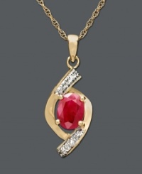 Adorn your neckline with a vibrant crimson hue. This pendant features an oval-cut ruby (3/4 ct. t.w.) and round-cut diamond accents set in 14k gold. Approximate length: 18 inches. Approximate drop: 3/4 inch. Adorn your neckline with a vibrant crimson hue. This pendant features an oval-cut ruby (3/4 ct. t.w.) and round-cut diamond accents set in 14k gold. Approximate length: 18 inches. Approximate drop: 3/4 inch.