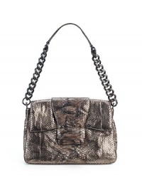 THE LOOKRectangular silhouette of metallic pythonMagnetic flap with strap tab closureRemovable handmade wood shoulder chainOne outside open pocketThree center compartmentsOne inside zip pocketOne inside open pocket with metal logoTHE FITShoulder chain, 13 drop12W X 8½H X 3DTHE MATERIALMetallic pythonMicrofiber liningORIGINMade in Italy THE LOOKRectangular silhouette of metallic pythonMagnetic flap with strap tab closureRemovable handmade wood shoulder chainOne outside open pocketThree center compartmentsOne inside zip pocketOne inside open pocket with metal logoTHE FITShoulder chain, 13 drop12W X 8½H X 3DTHE MATERIALMetallic pythonMicrofiber liningORIGINMade in Italy
