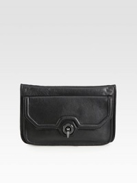 A modern, functional style for cocktails and beyond in soft leather with a geometric front flap.Front flap closureBack snap closureFront open compartmentOne zip and two open back compartmentsFully lined12W X 8H X 1DImported A modern, functional style for cocktails and beyond in soft leather with a geometric front flap.Front flap closureBack snap closureFront open compartmentOne zip and two open back compartmentsFully lined12W X 8H X 1DImported