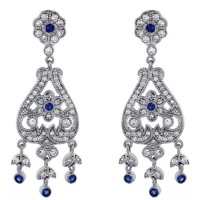 Sterling Silver Floral Dangle Chandelier Earrings with Brilliant Cut Clear & Blue Sapphire Color CZ Stones 1.2 inch Long For Women Sterling Silver Floral Dangle Chandelier Earrings with Brilliant Cut Clear & Blue Sapphire Color CZ Stones 1.2 inch Long For Women