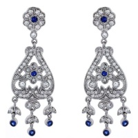 Sterling Silver Floral Dangle Chandelier Earrings with Brilliant Cut Clear & Blue Sapphire Color CZ Stones 1.2 inch Long For Women