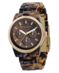 Crystal accents and an acrylic tortoiseshell bracelet lend a glam look to this Michael Kors sport watch. Crystal accents and an acrylic tortoiseshell bracelet lend a glam look to this Michael Kors sport watch.