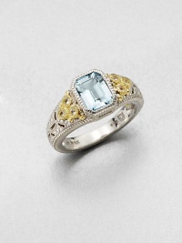 This blue topaz cushion design is accented with white sapphires and 18k gold. Blue topaz18k goldWhite sapphireRhodium-plated sterling silverImported This blue topaz cushion design is accented with white sapphires and 18k gold. Blue topaz18k goldWhite sapphireRhodium-plated sterling silverImported