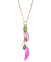 Stand out from the flock. Betsey Johnson puts hot pink feathers and bold colors to good use in this standout style. Y-shaped pendant features leaf and ladybug charms set in gold-plated mixed metal. Approximate length: 24 inches + 3-inch extender. Approximate drop: 6-1/4 inches.
