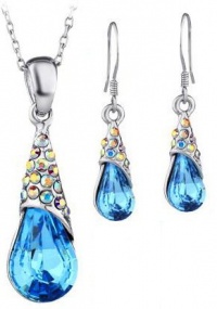 Arco Iris Rain Drop Swarovski Elements Crystal Pendant Necklace And Earrings Set for Women W White Gold Plated Chain - Blue Topaz Arco Iris Rain Drop Swarovski Elements Crystal Pendant Necklace And Earrings Set for Women W White Gold Plated Chain - Blue Topaz