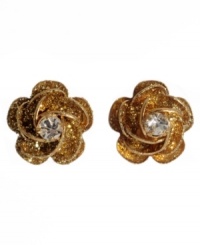 These Betsey Johnson rose stud earrings are a glittering favorite. In crystal accents and goldtone mixed metal. These Betsey Johnson rose stud earrings are a glittering favorite. In crystal accents and goldtone mixed metal.