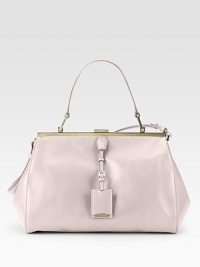 A stunning leather satchel in a luscious shade, features a distinct metal frame with logo tag and leather strap to convert it to a shoulder bag.Top handle, 6 drop Shoulder strap, 9½ drop Clasp closure Protective leather feet One inside zip pocket One credit card slot Nylon lining 12½W X 8½H X 5D Made in Italy A stunning leather satchel in a luscious shade, features a distinct metal frame with logo tag and leather strap to convert it to a shoulder bag.Top handle, 6 drop Shoulder strap, 9½ drop Clasp closure Protective leather feet One inside zip pocket One credit card slot Nylon lining 12½W X 8½H X 5D Made in Italy
