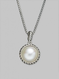 A traditional pearl goes modern with this sterling silver, cable-wrapped pendant on a silver chain. White freshwater pearl Sterling silver Chain length, about 18 Pendant diameter, about ½ Lobster clasp Imported A traditional pearl goes modern with this sterling silver, cable-wrapped pendant on a silver chain. White freshwater pearl Sterling silver Chain length, about 18 Pendant diameter, about ½ Lobster clasp Imported