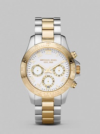 An elegant yet sturdy timepiece articulated in shiny silverplating and goldplating for ultimate versatility.Quartz movement Water resistant to 10ATM Silverplated and goldplated stainless steel case, 38mm (1.49) Units per hour at bezel White dial Roman numeral markers Three chronograph sub dials Date display at 6 o'clock Second hand Silverplated and goldplated stainless steel link bracelet Imported An elegant yet sturdy timepiece articulated in shiny silverplating and goldplating for ultimate versatility.Quartz movement Water resistant to 10ATM Silverplated and goldplated stainless steel case, 38mm (1.49) Units per hour at bezel White dial Roman numeral markers Three chronograph sub dials Date display at 6 o'clock Second hand Silverplated and goldplated stainless steel link bracelet Imported