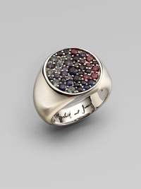 From the Eclipse Collection. A bold yet graceful bezel, paved with an array of faceted gemstones, atop a wide, smooth band of polished sterling silver.Blue sapphire, sky blue topaz, iolite and rhodoliteSterling silverDiameter, about ½Imported