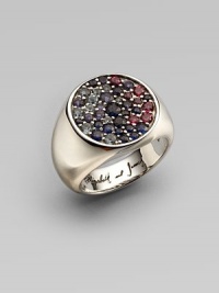 From the Eclipse Collection. A bold yet graceful bezel, paved with an array of faceted gemstones, atop a wide, smooth band of polished sterling silver.Blue sapphire, sky blue topaz, iolite and rhodoliteSterling silverDiameter, about ½Imported From the Eclipse Collection. A bold yet graceful bezel, paved with an array of faceted gemstones, atop a wide, smooth band of polished sterling silver.Blue sapphire, sky blue topaz, iolite and rhodoliteSterling silverDiameter, about ½Imported